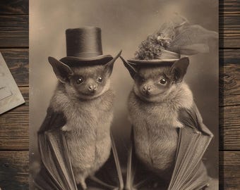 Vintage Victorian Bat Couple Wearing Hats Love Card Gothic Valentine Anniversary Art Antique Style Photography Blank Inside