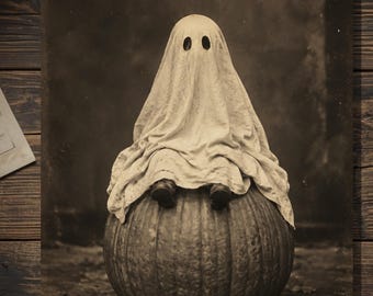 Vintage Victorian Ghost Pumpkin Halloween Card Spooky Antique Style Photography Gothic Autumn Blank Inside