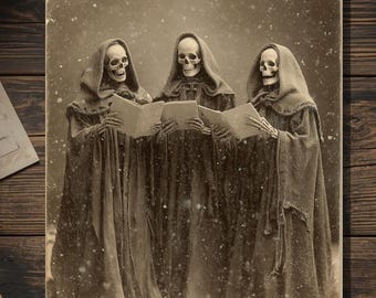 Vintage Victorian Skeleton Carolers Christmas Card Gothic Holiday Art Antique Style Gothmas Photography Blank Inside