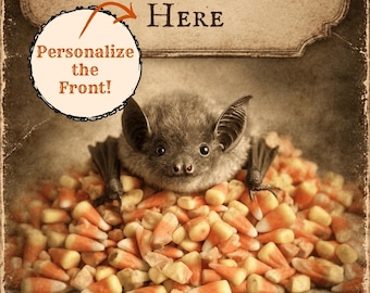Personalized Vintage Victorian Halloween Bat Card Custom Message Gothic Candy Corn Greeting Card