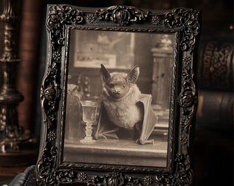 Victorian Bat With Drink Art Print Antique Style Sepia Bat Portrait Gothic Print