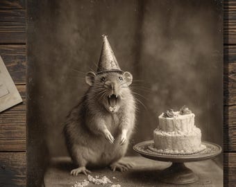 Vintage Rat Birthday Card Funny Angry Mouse Gothic Dark Humor Blank Greeting Card