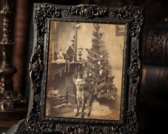 Vintage Gothic Christmas Fox Portrait Creepy Holiday Tree Odd Victorian Photograph Print  Dark Winter Decor Macabre Animal Art