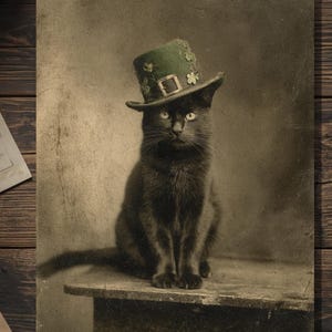 May include: A vintage-style print featuring a black cat wearing a green top hat adorned with shamrocks. The cat is seated, with a serious expression, against a sepia-toned background. The hat has a buckle and is decorated with shamrocks.