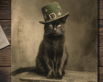 Vintage Victorian Black Cat Leprechaun Card Gothic St Patricks Day Antique Style Blank Inside