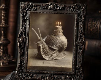 Vintage Snail With Cake Print Gothic Animal Art Slow Life Dark Humor Wall Decor