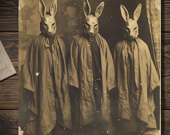 Creepy Rabbit Mask Trio Gothic Weird Vintage Sepia Animal Mask Art Greeting Card Blank Inside