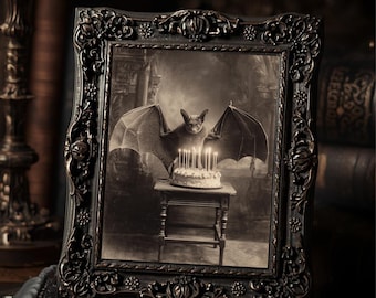 Vintage Victorian Bat with Birthday Cake Gothic Antique Style Photo Art Print