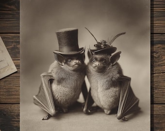 Vintage Victorian Bat Couple Love Card Gothic Valentine Anniversary Art Antique Style Photography Blank Inside