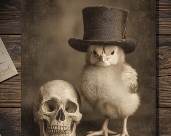 Vintage Victorian Baby Chick with Top Hat Skull Card Gothic Dark Humor Antique Style Photography Blank Inside