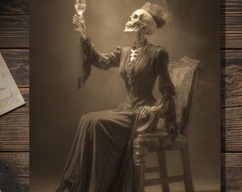 Vintage Victorian Skeleton Lady Toasting Divorce Card Gothic Dark Humor Art Antique Style Photography Blank Inside