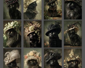 Vintage Black Cat Victorian Hat Portraits Blank Notecard Set of 12 Greeting Card Stationery