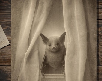 intage Victorian Bat Peeking Through Curtains Love Card Gothic Cute Animal Antique Style Photo Blank Inside