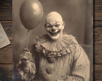 Vintage Victorian Creepy Clown Balloon Birthday Card Gothic Horror Macabre Antique Style Photography Blank Inside