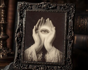 Victorian All Seeing Eye Print Gothic Occult Wall Art Antique Surreal Sepia Spiritual Portrait Decor