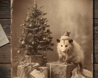 Vintage Victorian Christmas Opossum Santa Hat Holiday Card Funny Gothic Animal Greeting