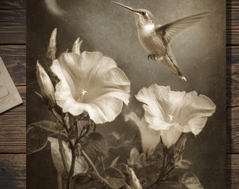 Vintage Victorian Hummingbird Moon Card Gothic Nature Art Antique Style Photography Blank Inside