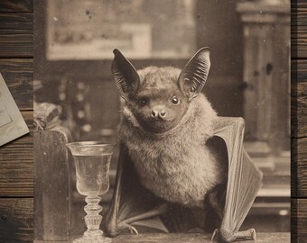 Victorian Bat With Drink Greeting Card Antique Style Sepia Gothic Bat Card