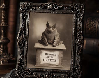 Victorian Bat Haunted House Ticket Booth Halloween Print Gothic Antique Style Photography Wall Art