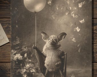 Vintage Victorian Bat with Balloon Birthday Card Gothic Antique Style Photo Blank Inside