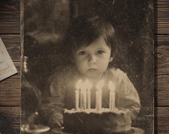 Vintage Victorian Child with Birthday Cake Card Gothic Macabre Art Antique Style Photography Blank Inside
