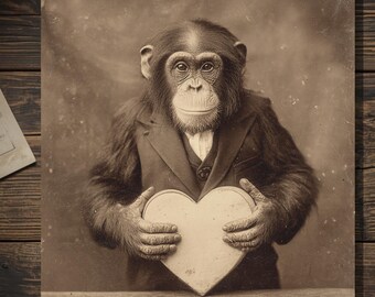 Vintage Chimpanzee Monkey Valentine Card Victorian Heart Love Greeting Card