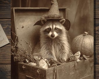 Vintage Victorian Witch Raccoon Halloween Card Cute Gothic Animal Greeting
