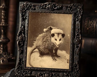 Vintage Victorian Christmas Opossum Santa Hat Funny Holiday Animal Wall Art Print
