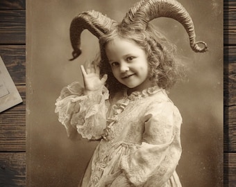 Vintage Victorian Horned Demon Girl Card Gothic Macabre Mothers Day Fathers Day Antique Style Photography Blank Inside