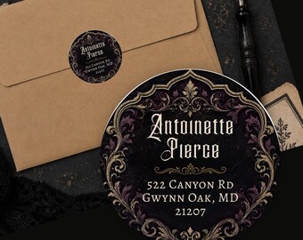 Personalized Vintage Victorian Gothic Black Gold Purple Return Address Labels Custom Round Stickers