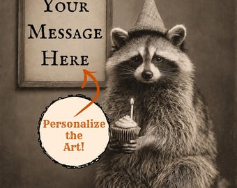 Personalized Vintage Victorian Raccoon Print Custom Message Birthday Wall Art Funny Raccoon Gift Cupcake Art