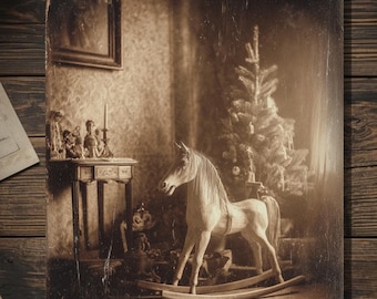 Vintage Victorian Haunted Rocking Horse Christmas Card Gothic Holiday Art Antique Style Photography Blank Inside