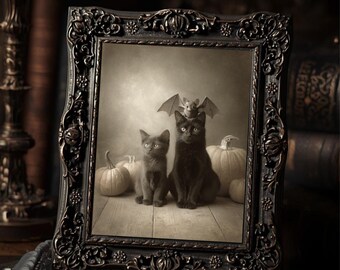 Vintage Victorian Bat on Cat Halloween Wall Print Gothic Antique Style Photography