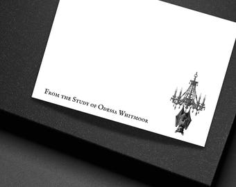 Personalized Bat Chandelier Note Cards Gothic Victorian Stationery Set Custom Flat Cards with Envelopes