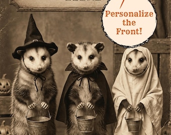 Personalized Vintage Victorian Halloween Opossum Card Custom Message Trick or Treat Gothic Greeting