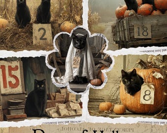 30 Days of Black Cats Halloween October Countdown Cards Vintage Victorian Gothic Advent Set