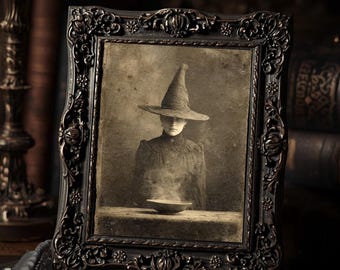 Victorian Witch Portrait Halloween Gothic Art Print Cabinet Card Style Vintage Occult Witchcraft Wall Art Spooky Home Decor