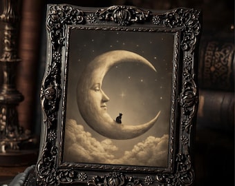 Vintage Victorian Moon And Black Cat Surreal Gothic Night Sky  Art Print Antique Style Witchy Wall Decor