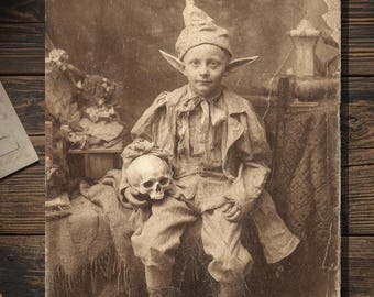 Vintage Victorian Child Elf with Skull Christmas Card Gothic Holiday Art Antique Style Photography Blank Inside