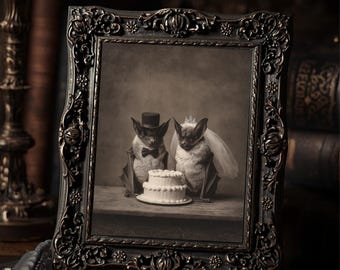 Vintage Victorian Bat Wedding Art Print Gothic Animal Love Portrait Antique Style Photography
