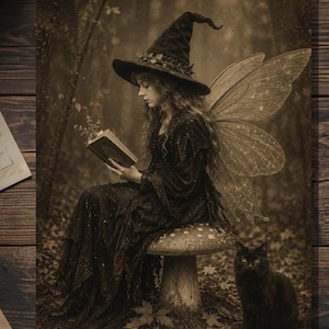 May include: A sepia-toned print featuring a figure wearing a pointed hat and fairy wings, sitting on a large mushroom while reading a book. A black cat sits on the ground nearby. The scene is set in a forest environment with a dark, vintage aesthetic.