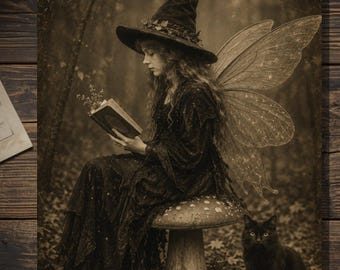 Vintage Victorian Witch Fairy Halloween Card Black Cat Enchanted Forest Gothic Antique Style Photography Blank Inside