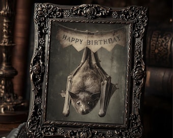 Gothic Birthday Bat Dark Cute Happy Birthday  Art Print Sepia Vintage Macabre Funny Wall Decor