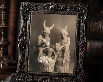 Vintage Victorian Horned Creatures With Easter Basket Gothic Wall Print Antique Style Art
