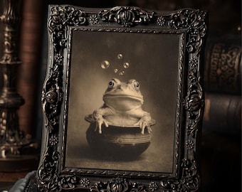 Vintage Gothic Frog Cauldron Halloween Art Print Victorian Style Photo
