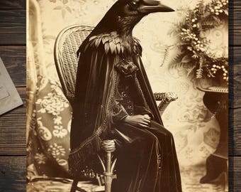 Victorian Crow Person Portrait Greeting Card Gothic Raven Human Hybrid Vintage Sepia Weird Art Card Blank Inside