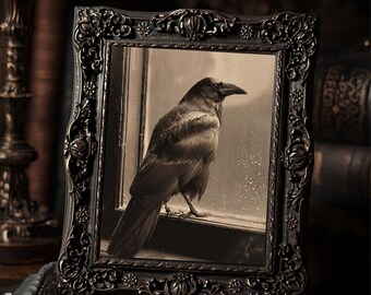 Gothic Raven At Rainy Window Art Print  Dark Crow Moody Antique Style Melancholy Gothic Wall Decor