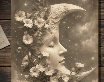 Celestial Moon Face Greeting Card Gothic Floral Blank Card Vintage Victorian Moon Art
