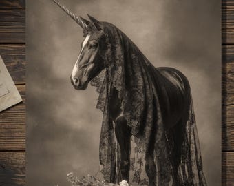 Vintage Victorian Mourning Unicorn Card Gothic Creature Funeral Flowers Antique Style Photo Blank Inside