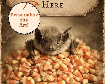 Personalized Vintage Victorian Halloween Bat Print Custom Text Gothic Candy Corn Wall Art